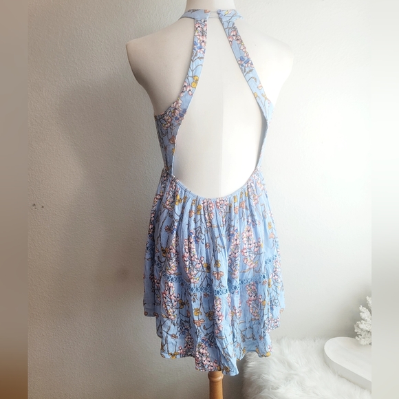 ABEL THE LABEL BLUE FLORAL FIT & FLARE JAASE BACKLESS HALTER MINI DRESS SZ SMALL - Picture 12 of 16